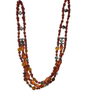 Vintage Retro 70s Red Orange Beaded Multi Layer Necklace Fashion Jewelry Women